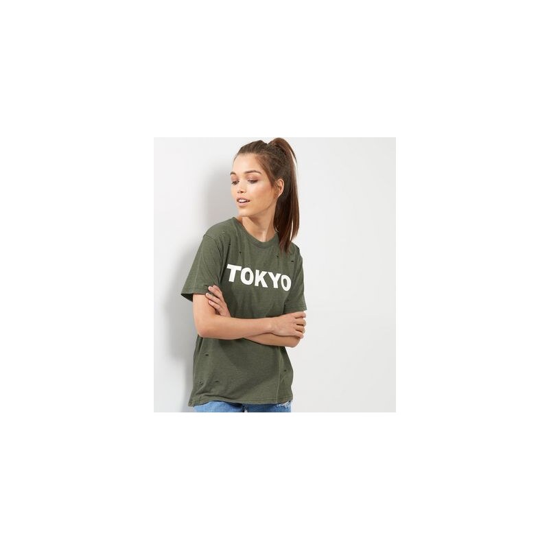 New Look Kurzärmliges, zerrissenes „Tokyo“-T-Shirt in Khaki
