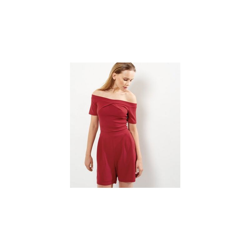 New Look Tall – Roter Playsuit mit Bardot-Ausschnitt und Raffdetail vorne