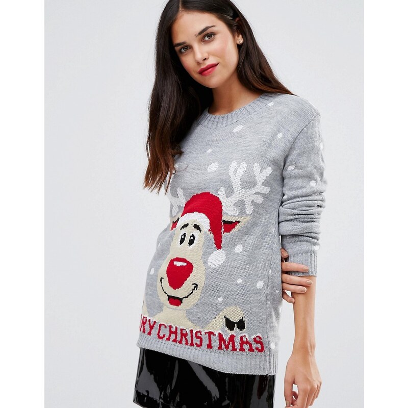 Club L - Weihnachtspullover mit Rudolph-Motiv und „Merry Christmas“-Aufschrift - Grau