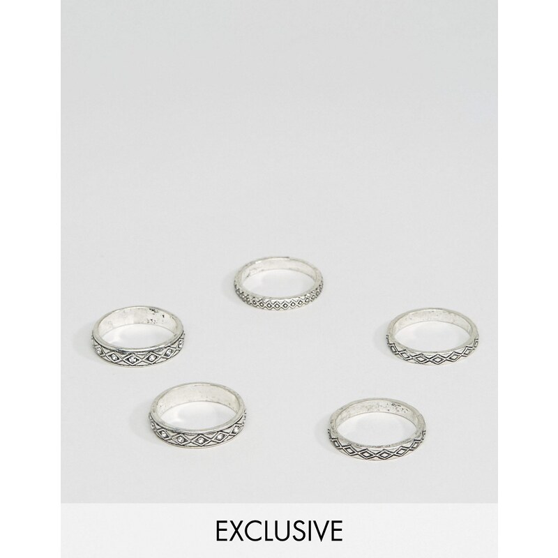 DesignB London - 5er Pack Ringe im Ethno-Design - Silber
