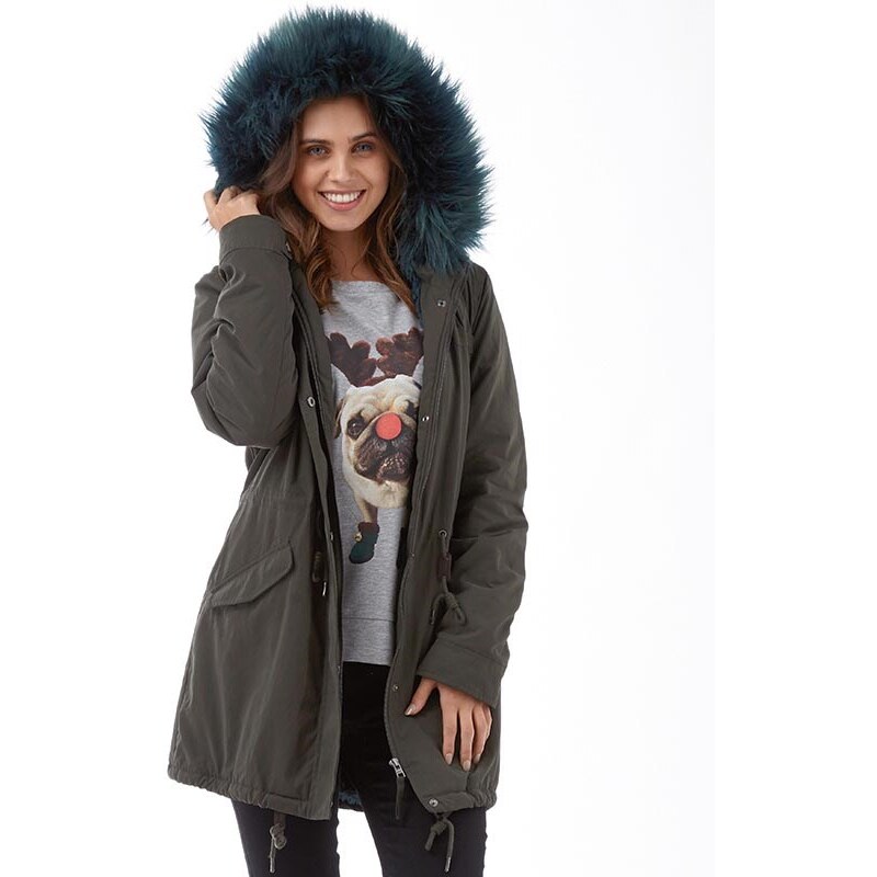 Only Womens Blog Contrast Fur Parka Peat