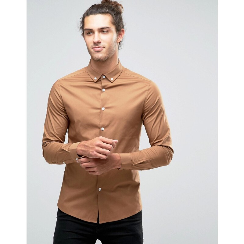 ASOS Skinny Shirt With Button Down Collar In Beige - Beige