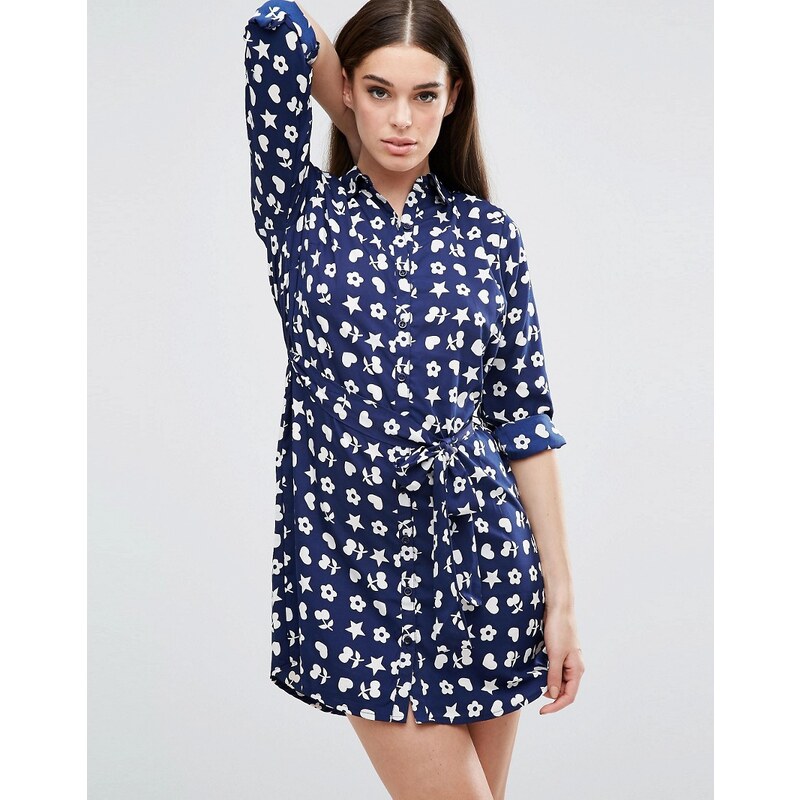 AX Paris - Hemd-Kleid mit Herz- und Blumenprint und Gürtel - Marineblau