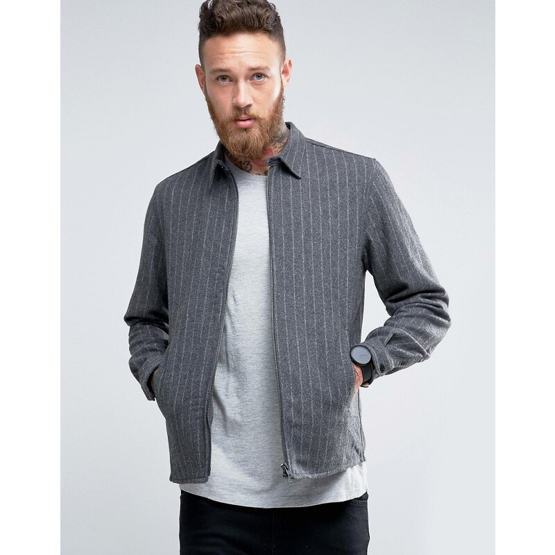 Hoxton Shirt Company - Schmal geschnittene Shirtjacke mit Reißverschluss und Nadelstreifen - Grau