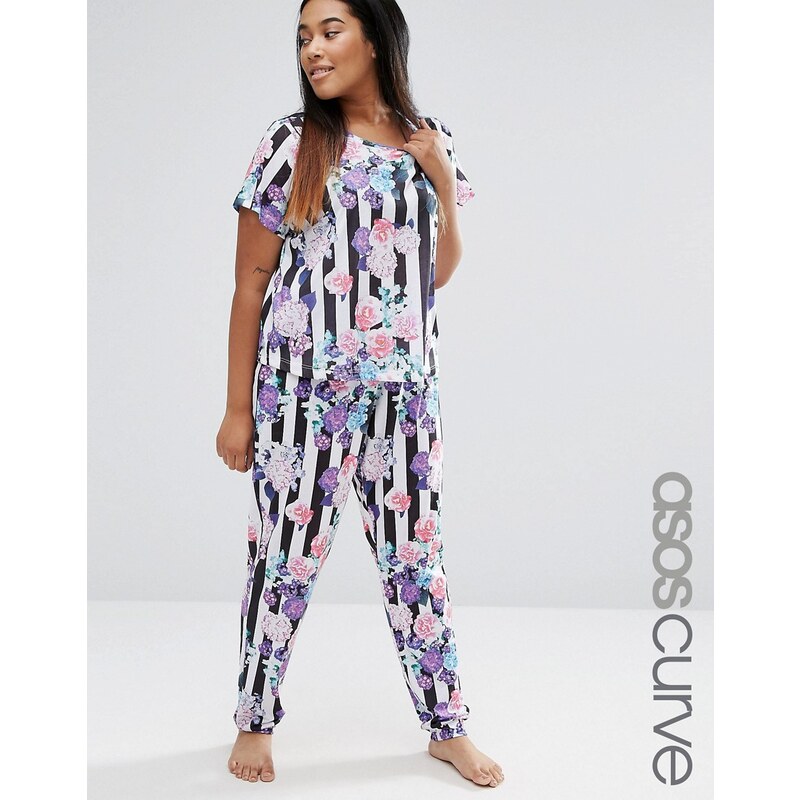 ASOS CURVE - Pyjama-Set mit T-Shirt & Hose mit Streifen- und Blumenprint - Mehrfarbig