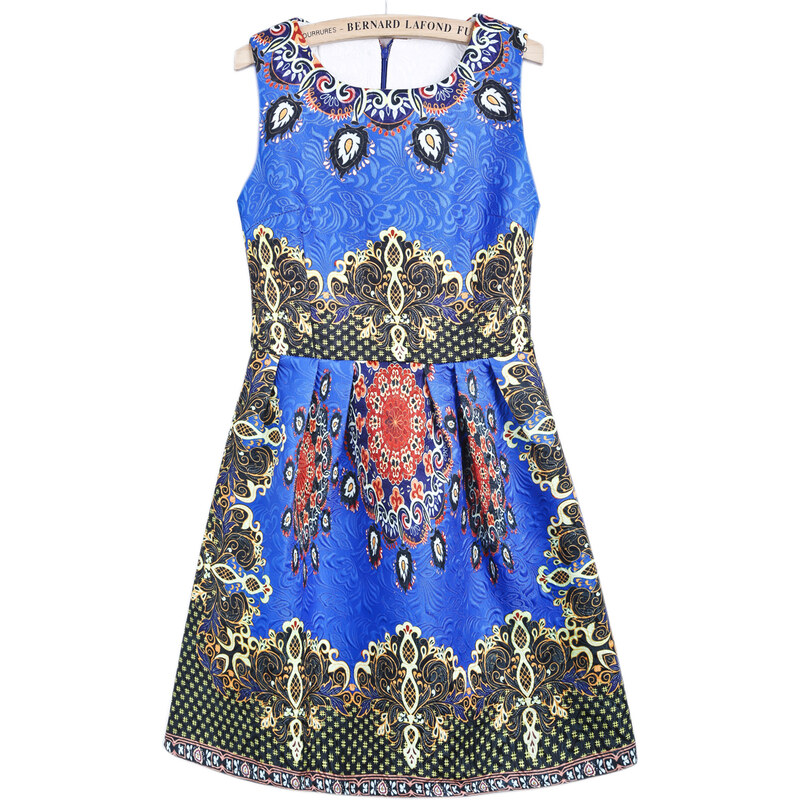 SheInside Blue Round Neck Sleeveless Vintage Floral Dress