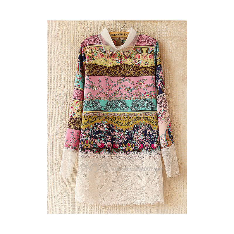 SheInside Multicolor Lapel Floral Print Contrast Lace Dress