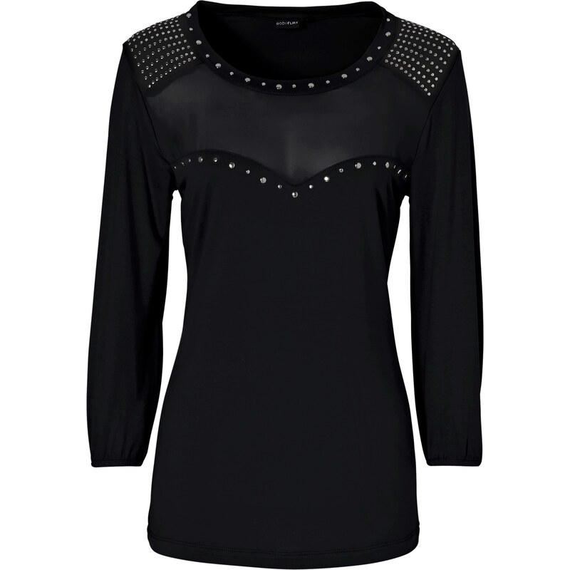 BODYFLIRT Shirt mit Chiffon-Einsatz 3/4 Arm in schwarz für Damen von bonprix
