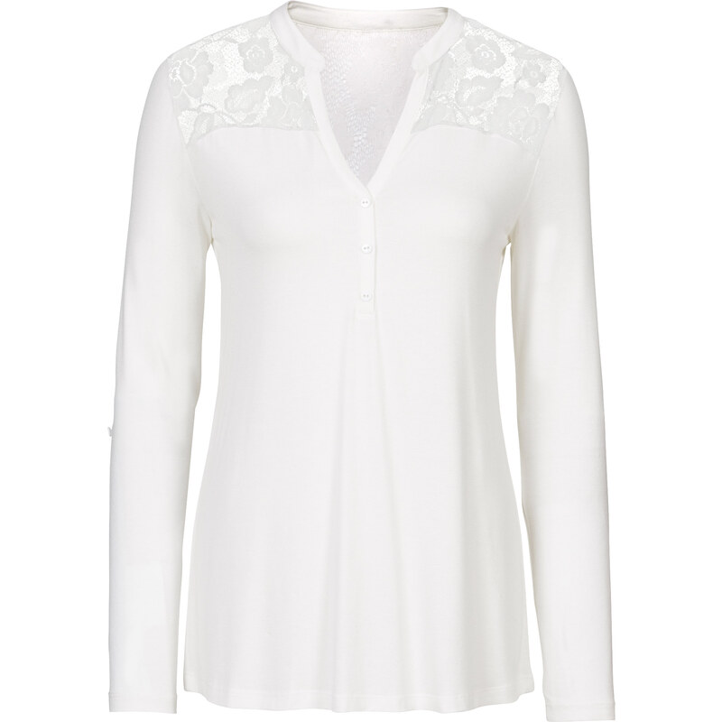 BODYFLIRT Shirt mit Spitze und langen Ärmeln langarm in weiß für Damen von bonprix