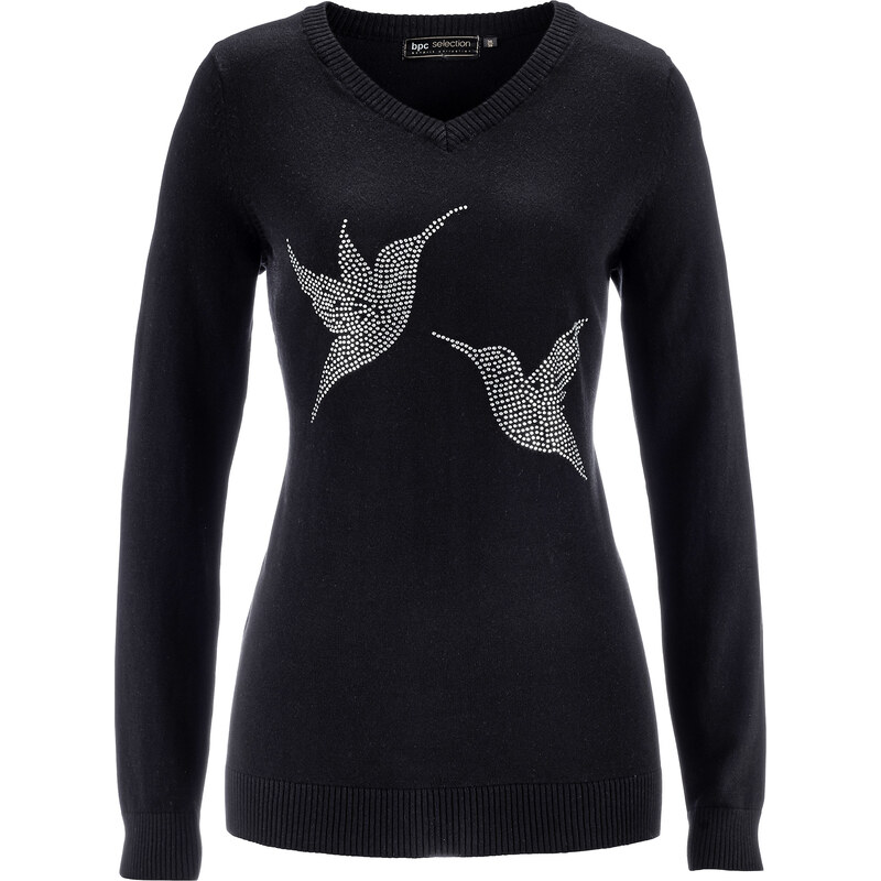 bpc selection Pullover mit Vogel-Schmucksteinapplikation in schwarz für Damen von bonprix