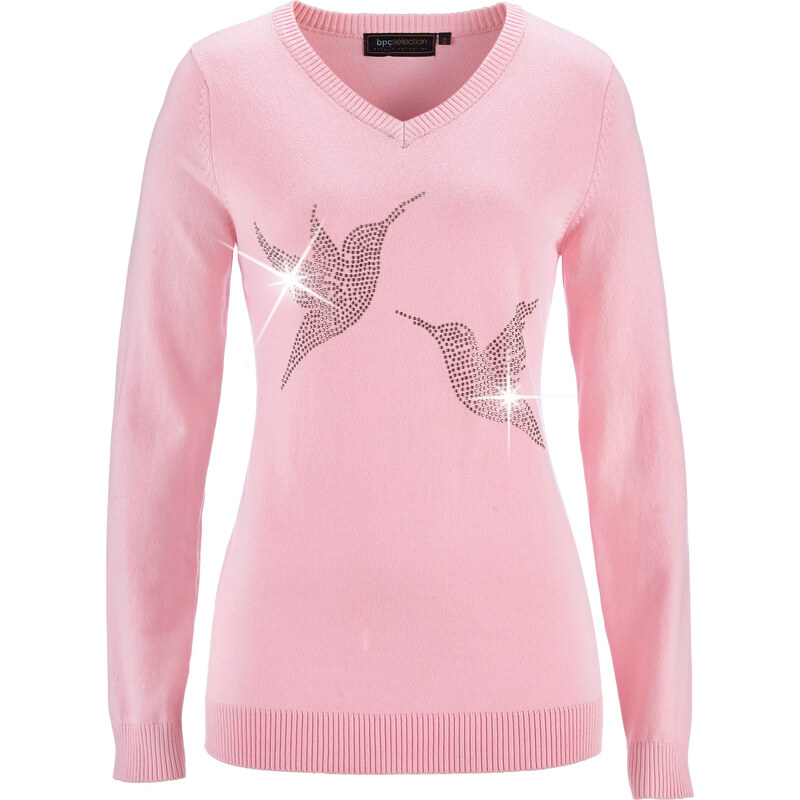 bpc selection Pullover mit Vogel-Schmucksteinapplikation in rosa für Damen von bonprix