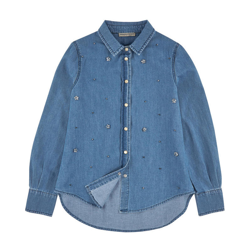 Ermanno Scervino Junior Chambray shirt with pearls - Stone-washed blue