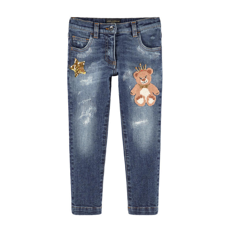 Dolce & Gabbana Stonewashed Girl-Jeans Slim Fit mit aufgesticktem Teddybär