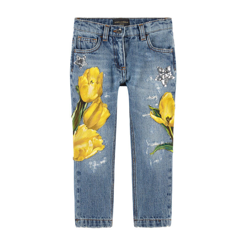 Dolce & Gabbana Stonewashed Jeans Slim Fit mit Tulpen-Patches