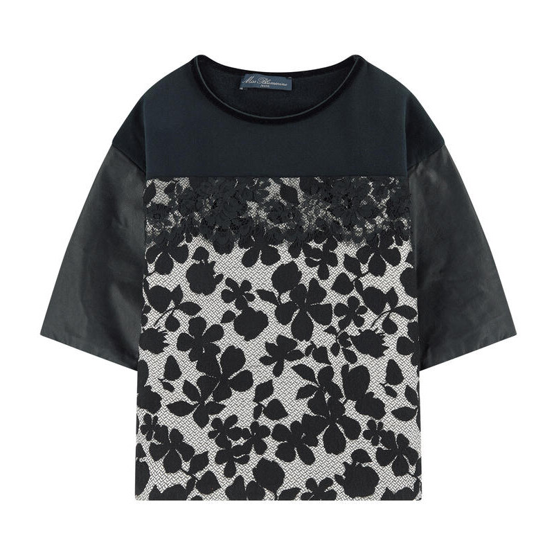 Miss Blumarine Blumen-T-Shirt mit Ärmeln aus Lederimitat