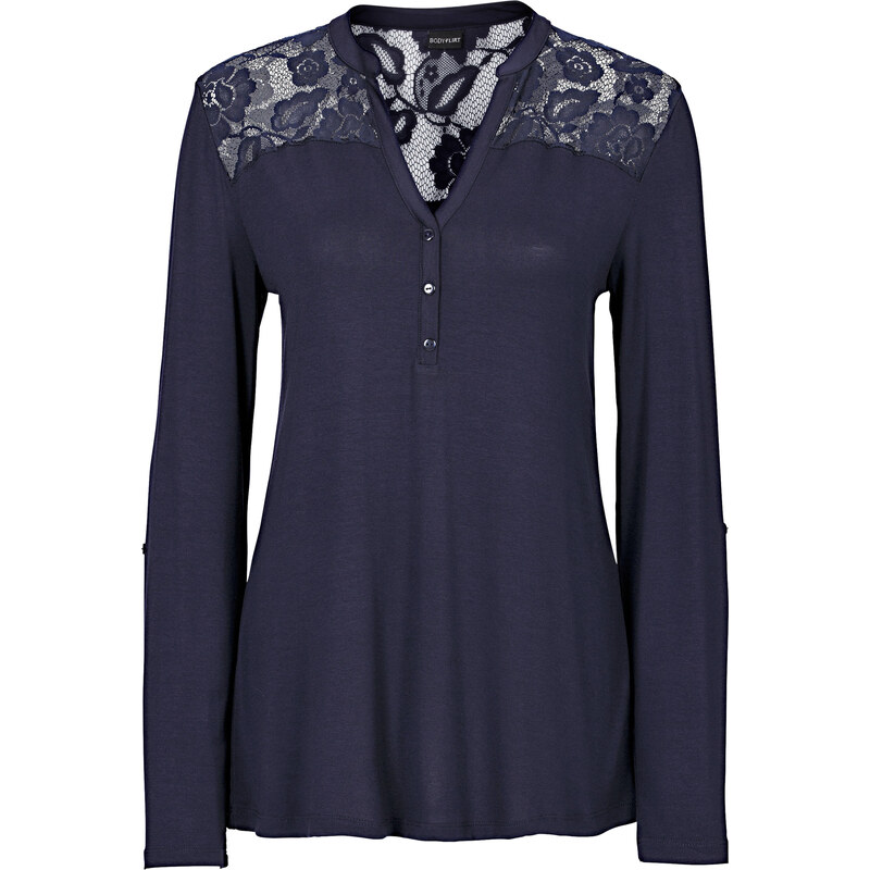 BODYFLIRT Shirt mit Spitze und langen Ärmeln langarm in blau für Damen von bonprix