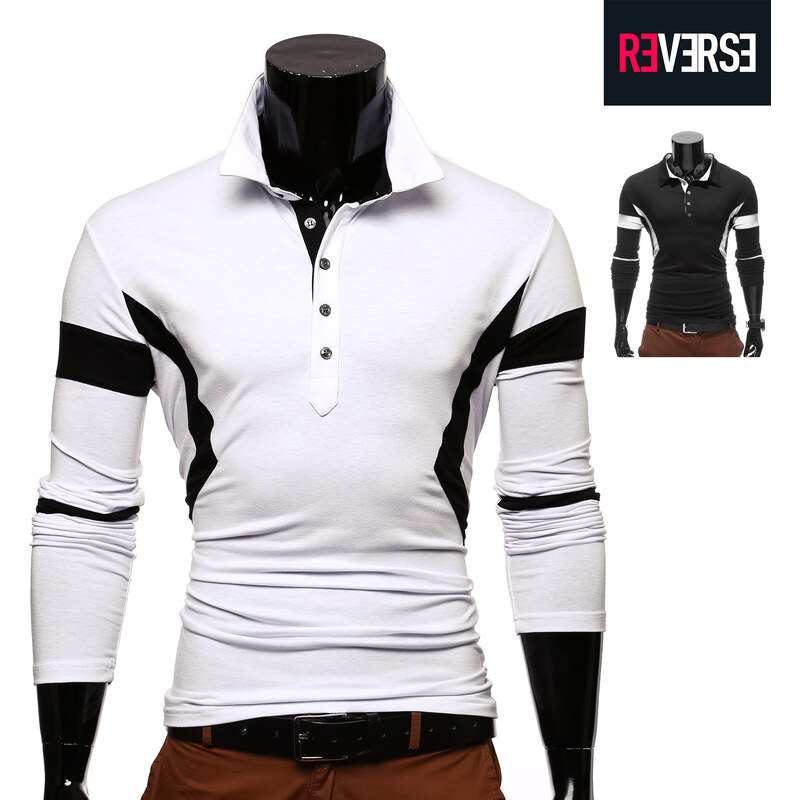 Re-Verse Langärmeliges Poloshirt mit Kontrast-Streifen - S - Weiß