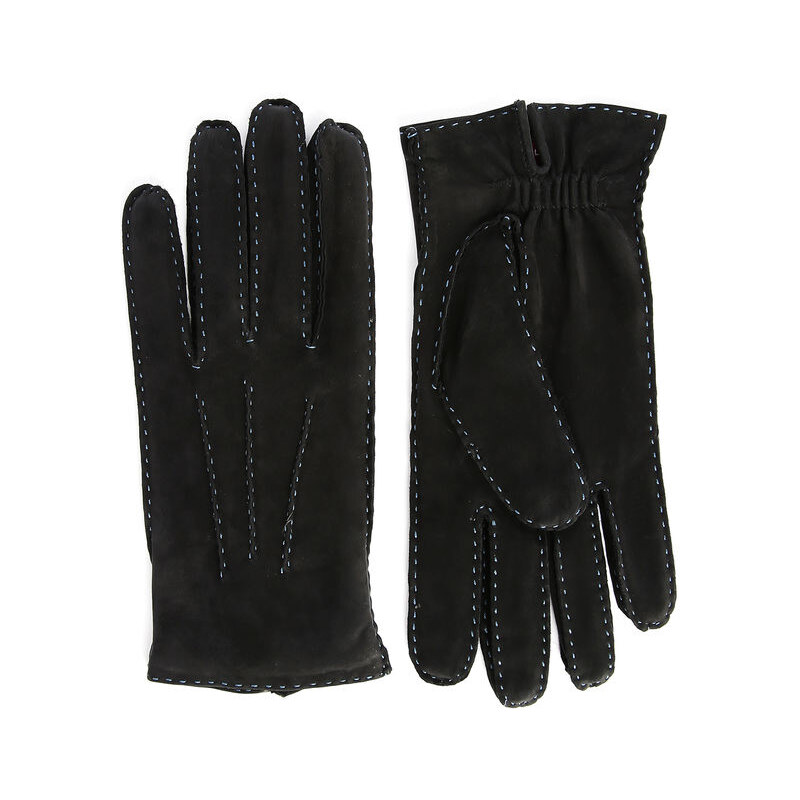 AGNELLE Schwarze Nubukleder-Handschuhe mit blauen Übernähten Arthur