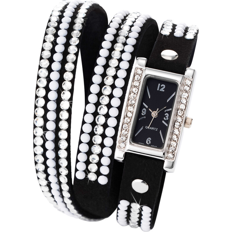 bpc bonprix collection Wickelarmbanduhr mit Perlen und Strass-Steinen in schwarz für Damen von bonprix