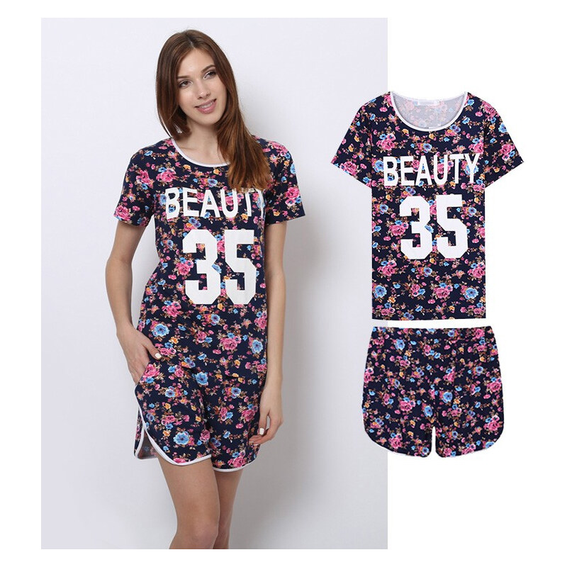 Lesara 2-teiliges Schlafanzug-Set T-Shirt & Shorts Blumen - L